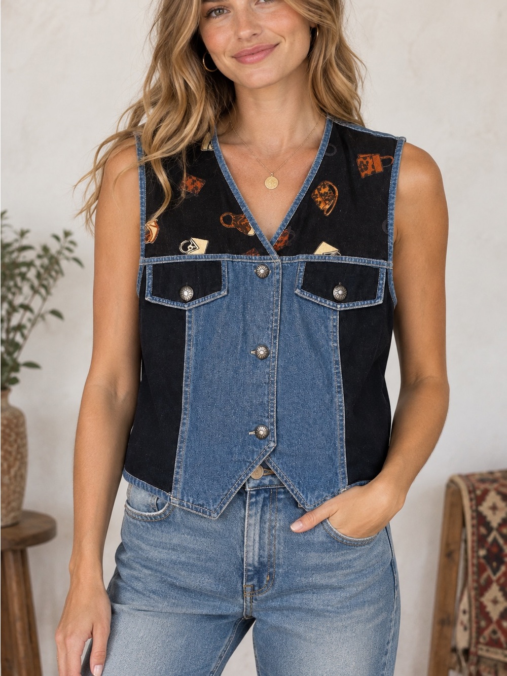 VTG Stonebridge Denim Vest PL Western Southwestern Purse Bag Print Patchwork Y2K